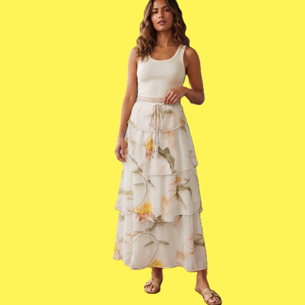 WHBM White House Black Market Floral Ruffle Tiered Maxi Skirt Smocked Waist S